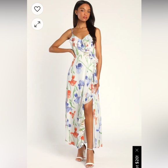 Lulus Elegant Bliss White Floral Print Ruffled Sleeveless Maxi Dress size l - Picture 1 of 7